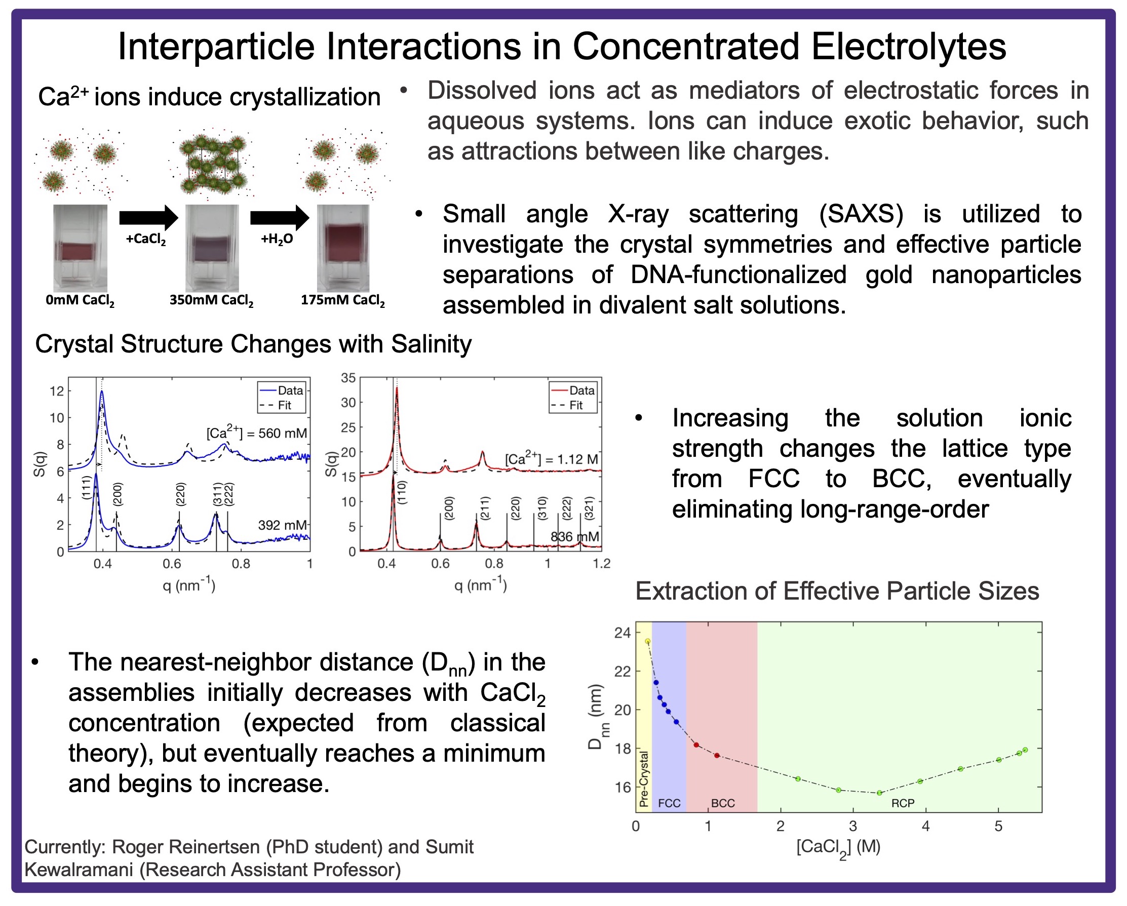 Interparticle Interactions in Concentrated Electrolytes. Figure: Calcium 2+ ions induce crystallization. Dissolved ions act as mediators of electrostatic forces in aqueous systems. Ions can induce exotic behavior, such as attractions between like charges. Small-angle X-ray scattering (SAXS) is utilized to investigate the crystal symmetries and effective particle separations of DNA-functionalized gold nanoparticles assembled in divalent salt solutions. Figure: Crystal structure changes with salinity. Increasing the solution ionic strength changes the lattice type from FCC to BCC, eventually eliminating long-range order. The nearest-neighbor distance in the assemblies initially decreases with calcium chloride concentration (expected from classical theory), but eventually reaches a minimum and begins to increase. Figure: Extraction of Effective Particle Sizes. Currently: Roger Reinertsen (PhD student) and Sumit Kewalramani (Research Assistant Professor)